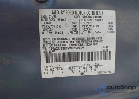 1998 Ford Explorer Eddie Bauer/Limited/Xl/Xlt from USA, damaged, VIN 1FMZU32E9WUB52409